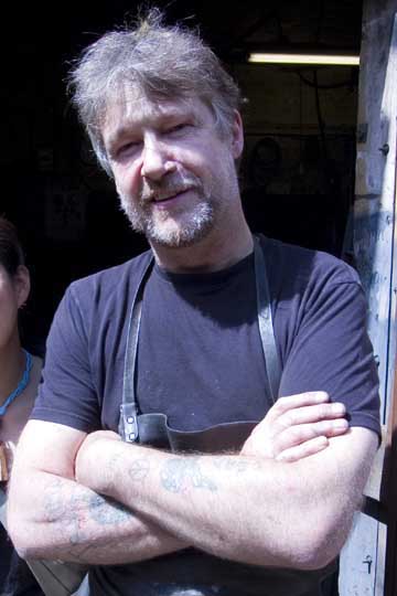 David Hyde fire welding steel on an anvil